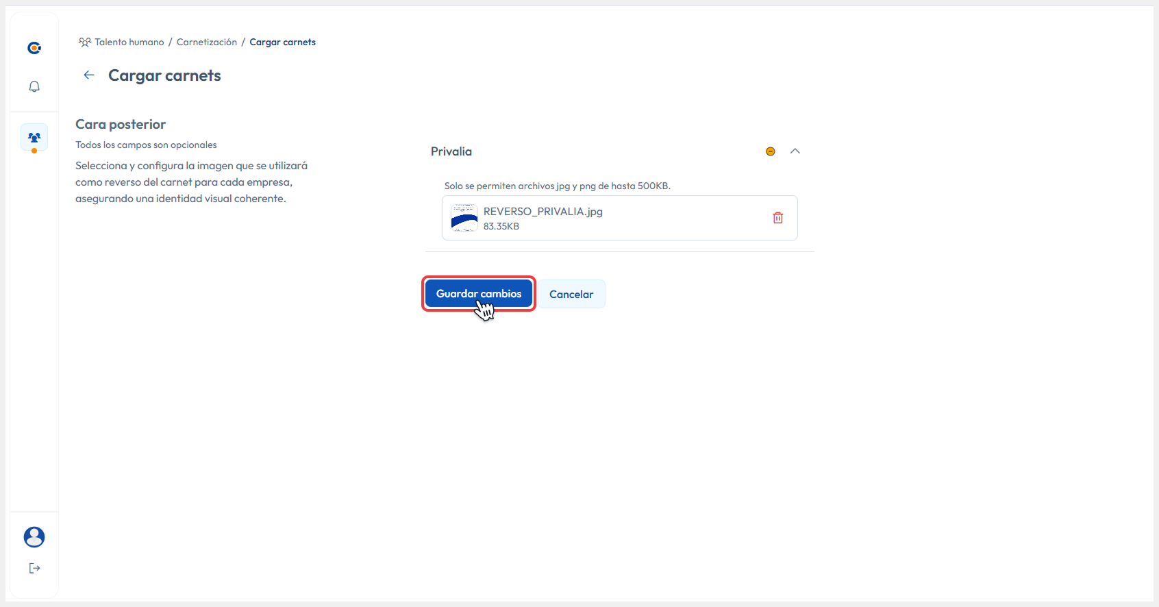 Vista de carga de cara posterior apuntando al botón Guardar cambios