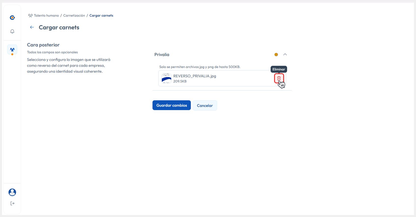 Archivo cargado donde se apunta al botón eliminar